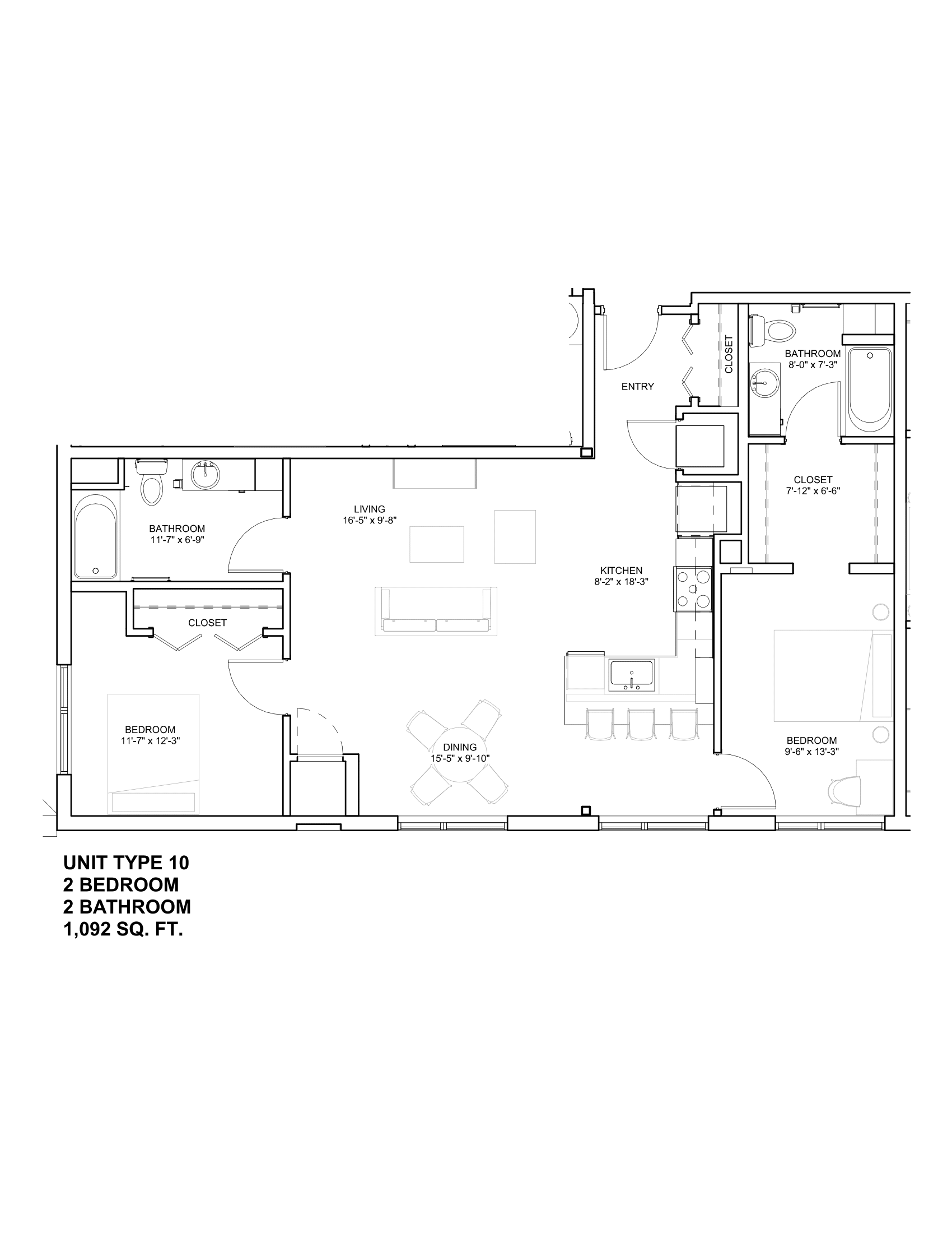 Floor plan for 2 beds, 2 baths, 1092 sqft